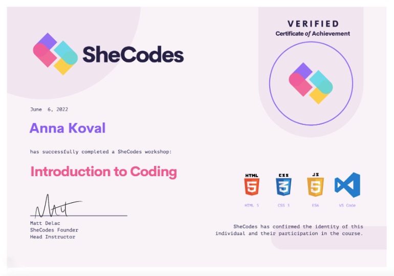 Certificte Introducing SheCodes